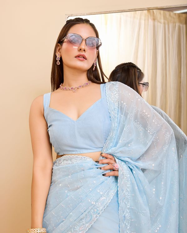 Sky Blue Designer Sequance Embroidery Work Georgette Saree
