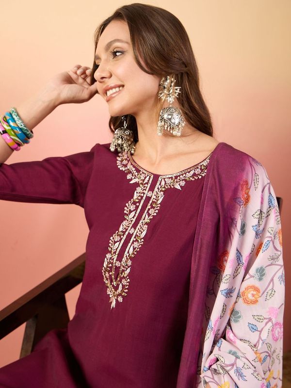 Maroon Color Rich Looks Hand Woven Readymade Dress With Sophisticated Embroidery Work
