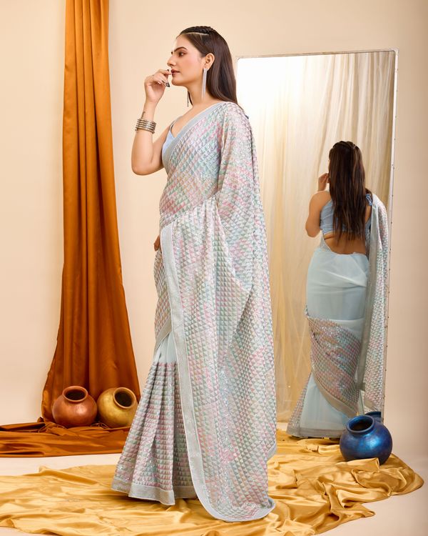 Grey Heavy Sequance Embroidery Work Georgette Saree