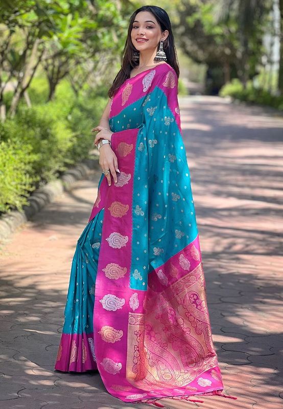 Blue Heavy Wevon Jari Designer Soft Silk Saree
