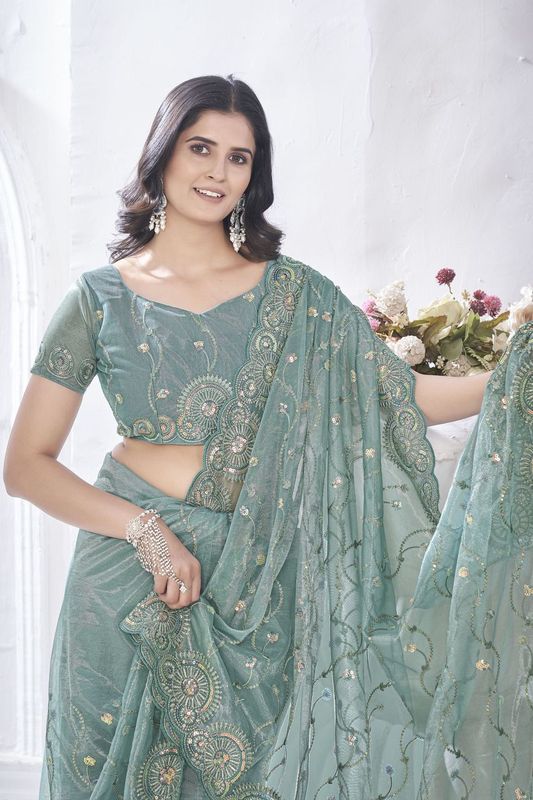 Grey Duble Sequance & Thread Embroidery Work Tissue Net Saree