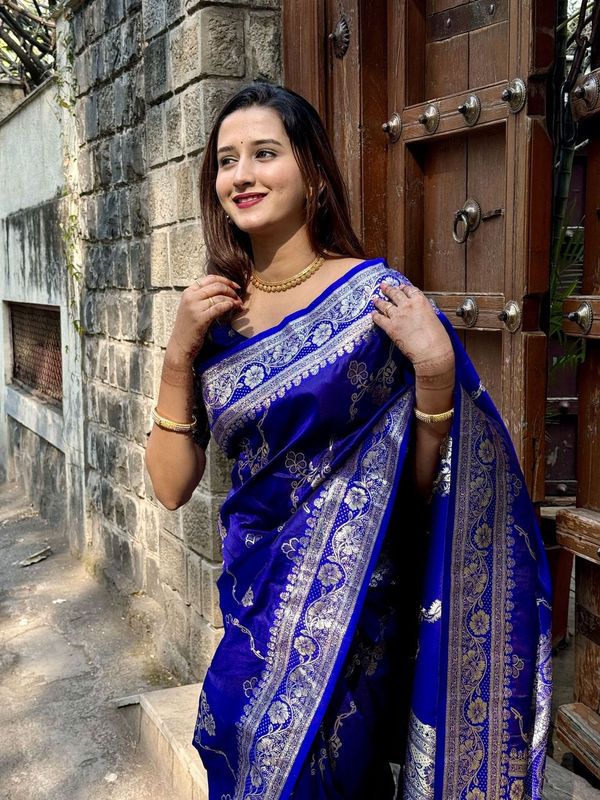 Royal Blue Wevon Jacquard Jari Designer Banarasi Silk Saree