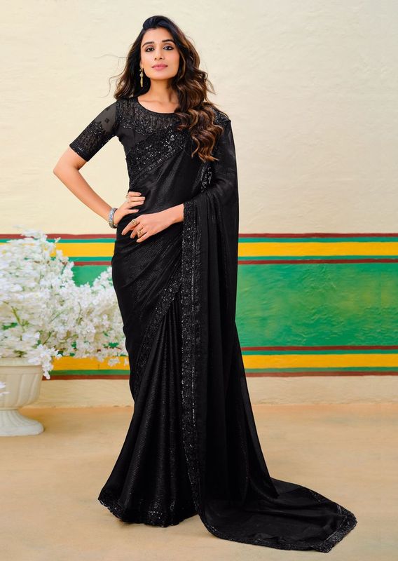Black Wevon Designer & Embroidery Work Georgette Jari Saree