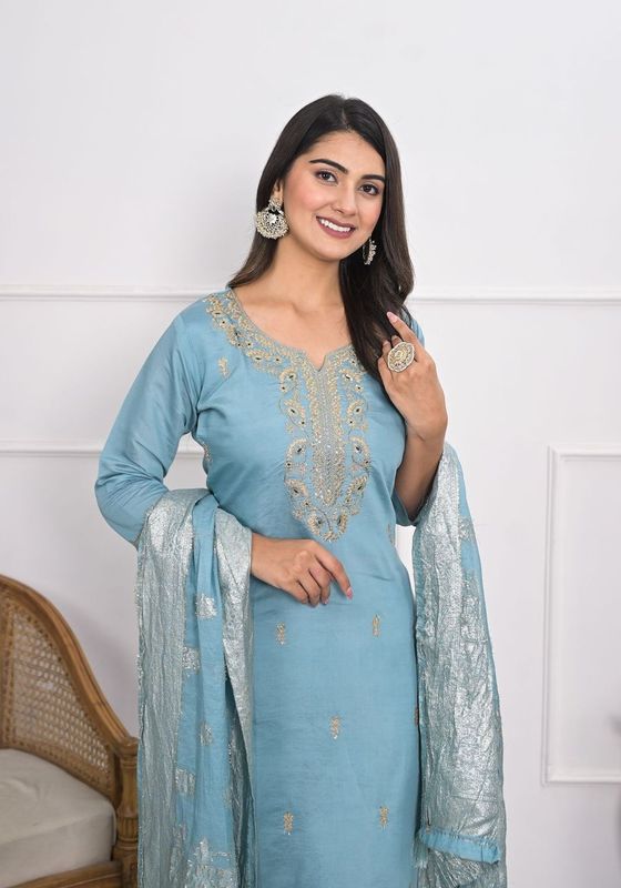 Blue Color Viscoce Silk Fabric Designer Embroidery Work Salwar Kameez For Ceremonial Looks