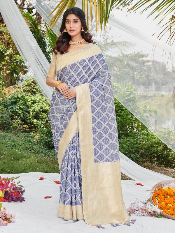Blue Wevon & Designer Printed Cotton Saree