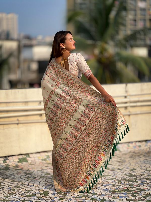 Graceful And Ethnic Yellow Color Wevon Kashmiri Meenakari Designer Trendy Partywear Saree