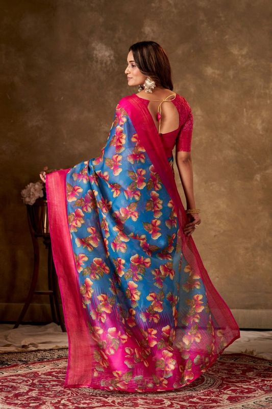 Blue Cotton Printed Saree and Stitched Pink Blouse
