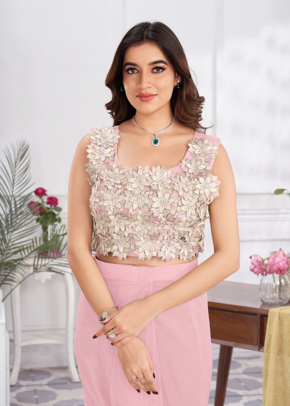 Pink Designer Sequance Embroidery & Hand Work Shimmer Georgette Saree