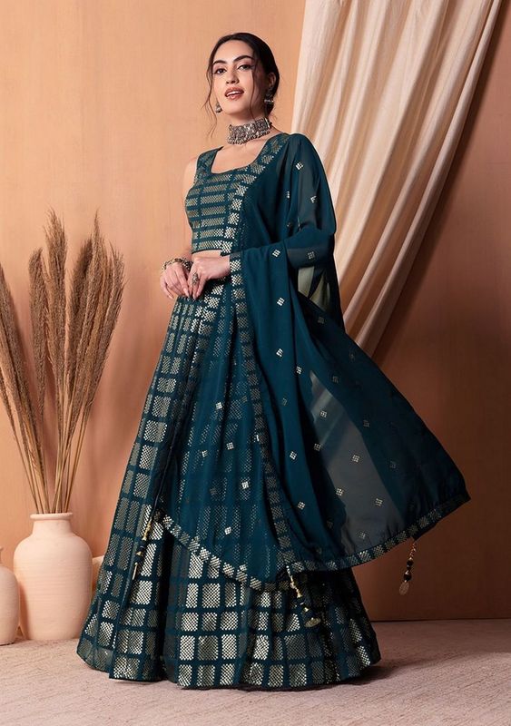 Teal Color Sequins Embroidered Bridesmaid Ceremonial Lehenga Choli