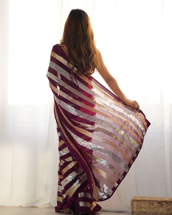 Wine Sequance Embroidery Work Border Georgette Saree