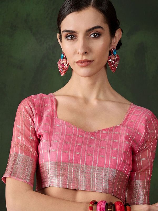 Pink Wevon Jacquard Designer Khadi Organza Saree