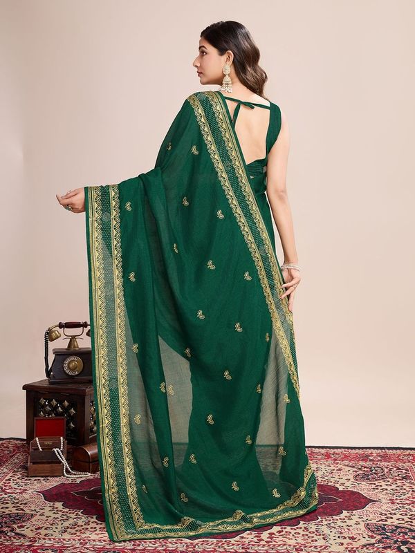 Green Designer Embroidery Work Vichitra Silk Saree