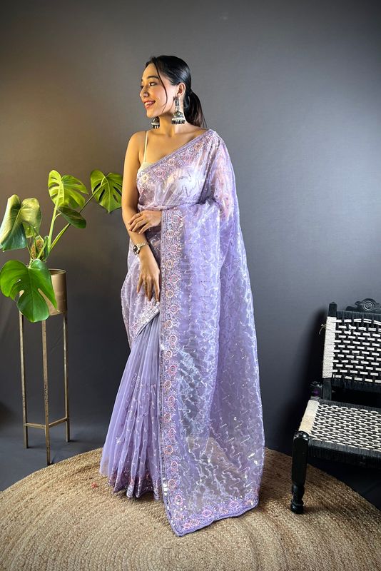 Purple Thread & Sequance Embroidery Work Twill Net Saree