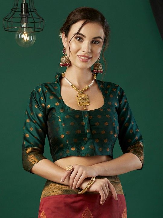 Red Banarasi Silk Woven Saree With Tassels on Pallu and Stitched Green Blouse