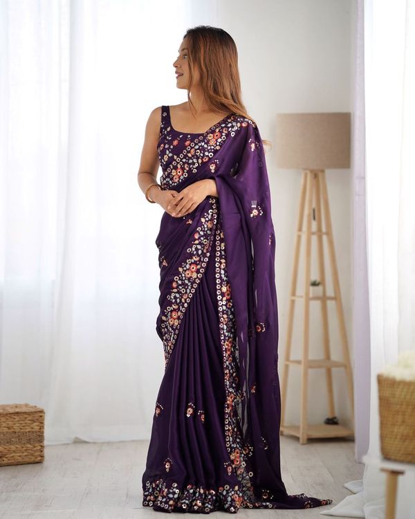 Purple Multy Thread & Sequance Embroidery Work Satin Chiffon Saree