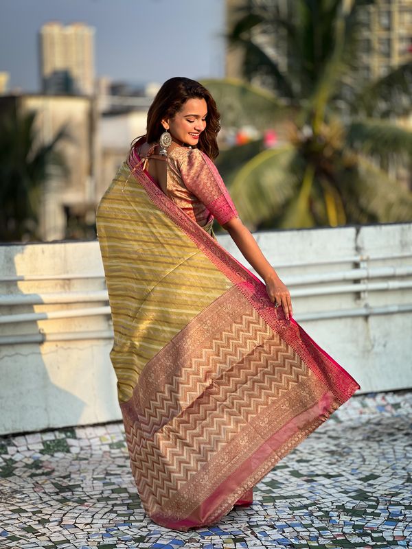 Yellow Wevon Laheriya Designer Jari Tissue Saree