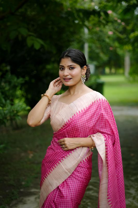 Pink Wevon Kantha Designer & Printed Tussar Silk Saree