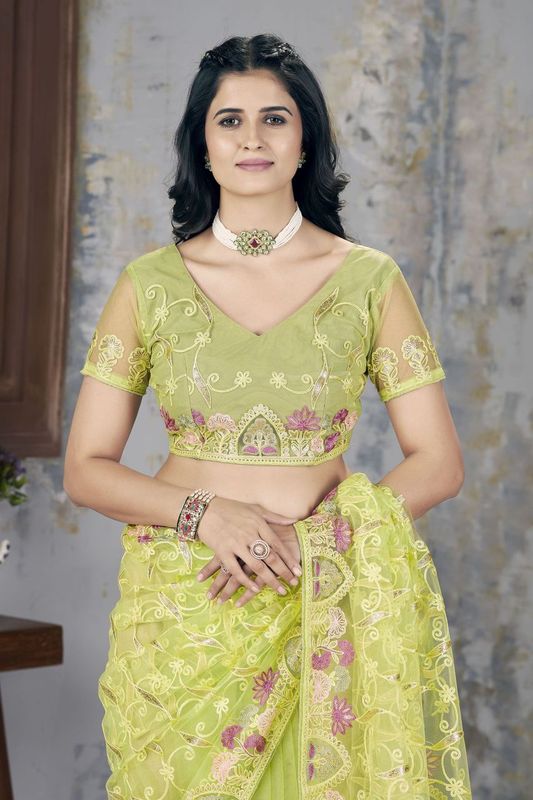 Green Foil Thread & Aari Dori Embroidery Work Butterfly Net Saree