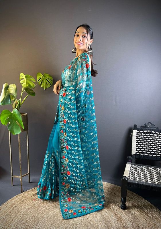 Rama Multy Thread Embroidery Work Butterfly Net Saree
