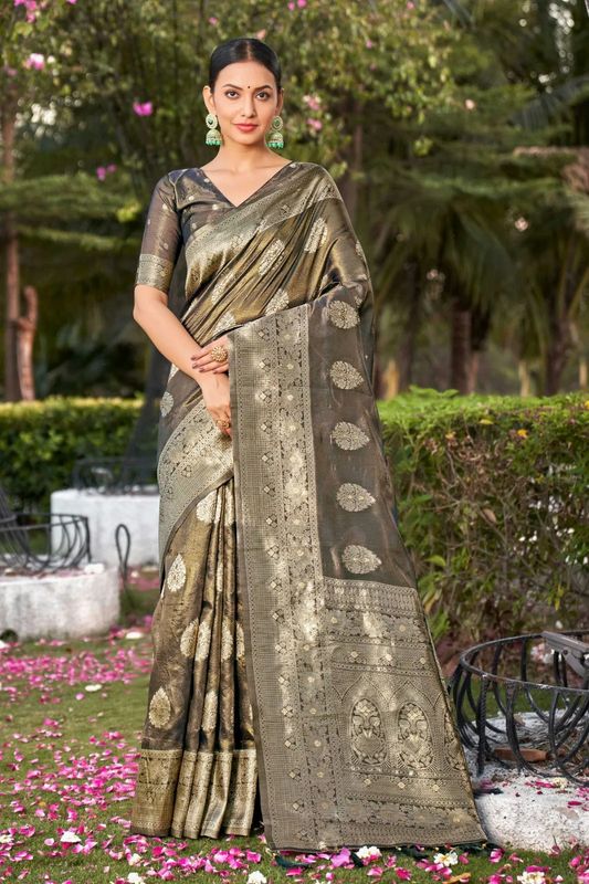 Grey Weaving Rich Pallu Jari Designer Simmer Silk Saree
