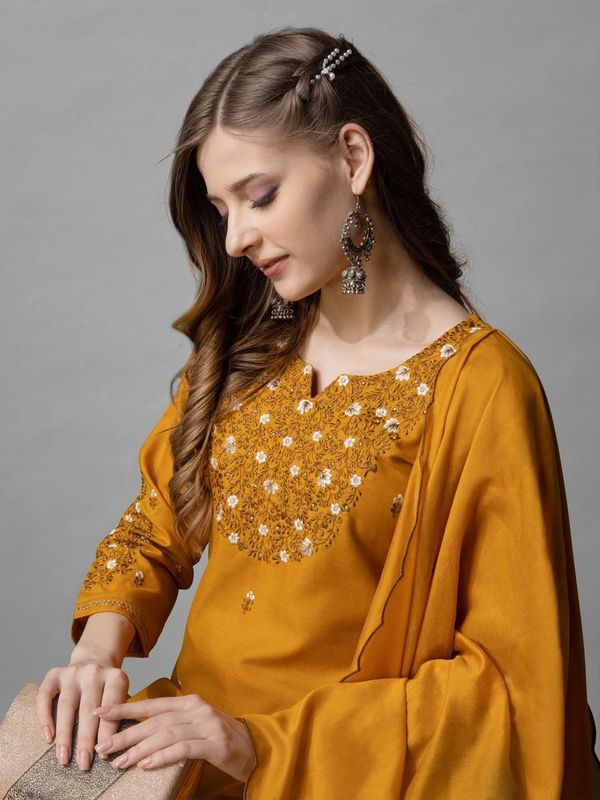 Mustard Color Cotton Blend Readymade Dress With Designer Embroidery Work
