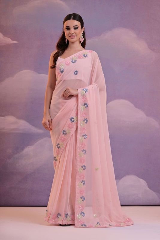 Pink Designer Sequance Embroidery Work Georgette Saree