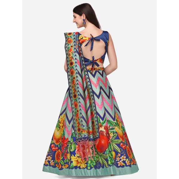 Digital Print Satin Silk Fabric Stitched Lehenga Choli With Jequared Blouse and Assami Silk Thread Work Dupatta For Women and Girls In Festive Party And Traditional Wear