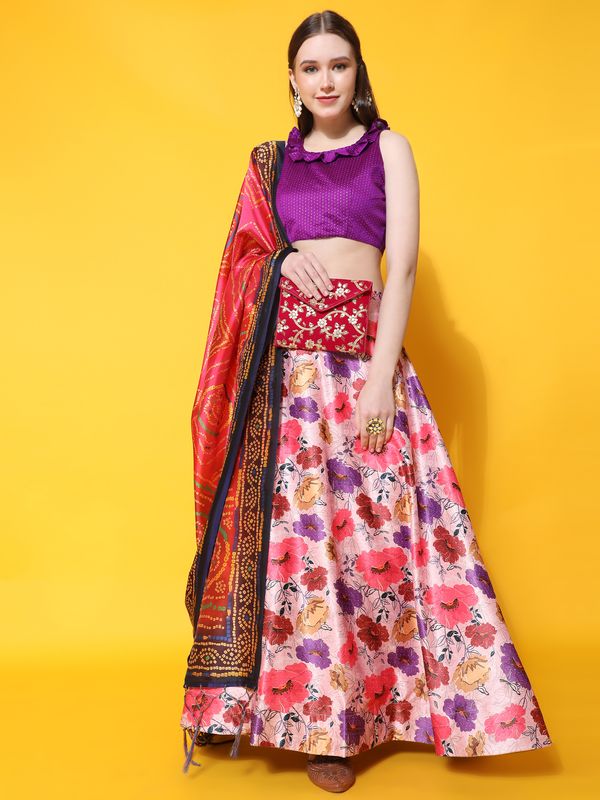 Digital Print Satin Silk Fabric Stitched Lehenga Choli With Jequared Blouse and Assami Silk Thread Work Dupatta For Women and Girls In Festive Party And Traditional Wear