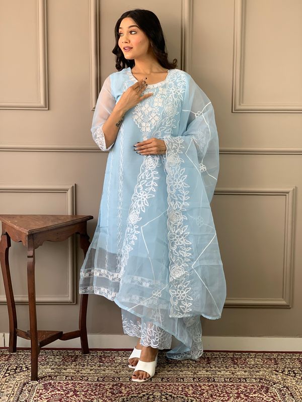 Blue Organza Straight Kurta