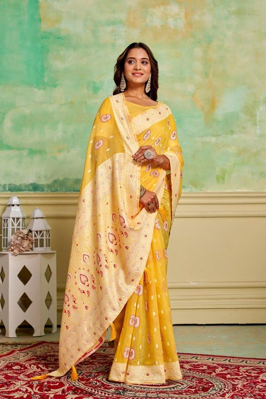 Yellow Cotton Woven Saree With Tassels on Pallu and Stitched Yellow Blouse