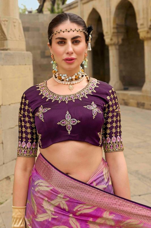 Pink Wevon Designer & Embroidery Work Jacquard Silk Saree
