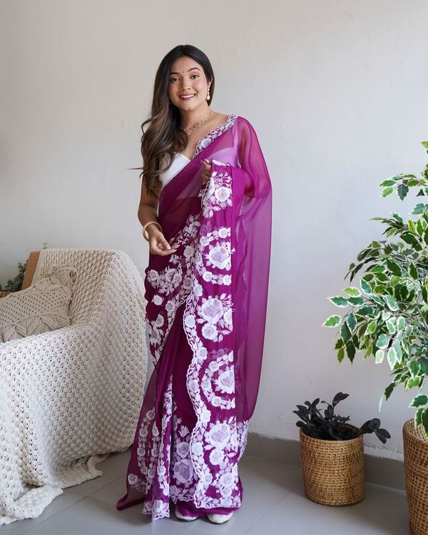 Purple Thread Embroidery & Cut Dana Work Thai Organza Silk Saree