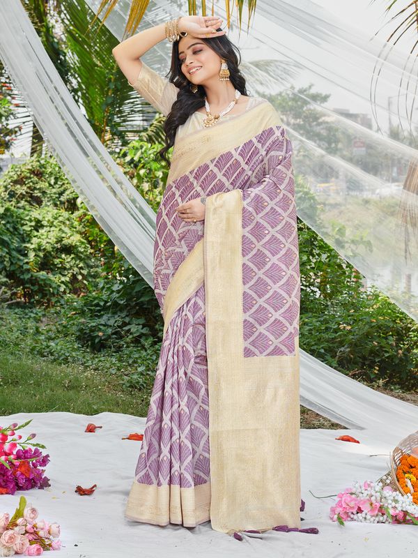 Purple Wevon & Designer Printed Cotton Saree