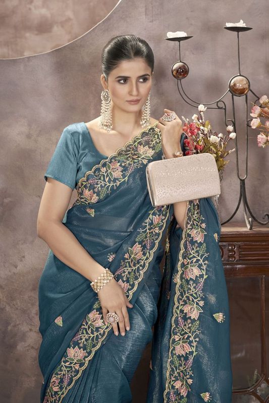 Blue Multy Thread & Sequance Embroidery Cut Work Gold Crunchy Saree