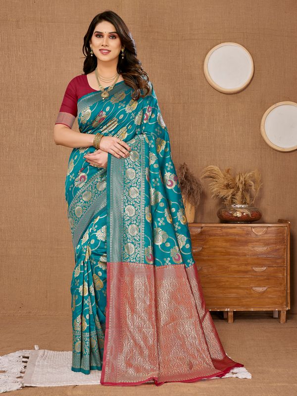 Blue Weaving Jari Designer Banarasi Silk Saree