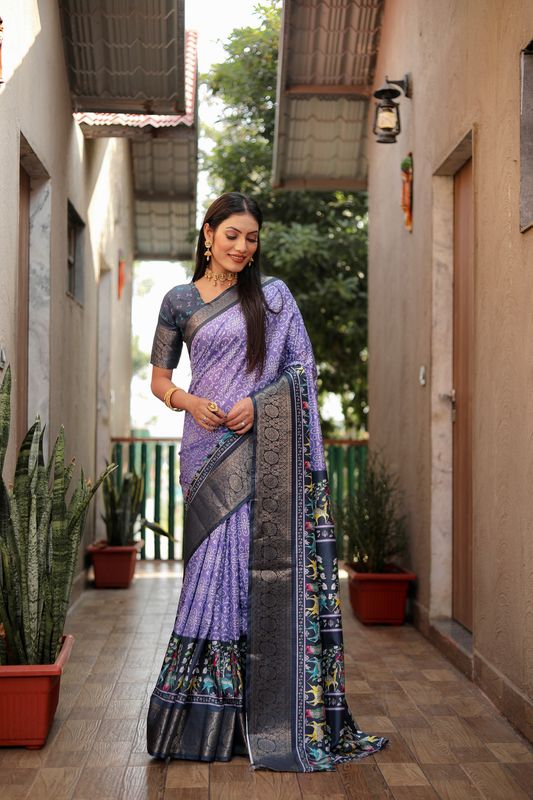 Purple Color Dola Silk Wevon Border Designer Saree With Digital Kalamkari And Bandhej Print
