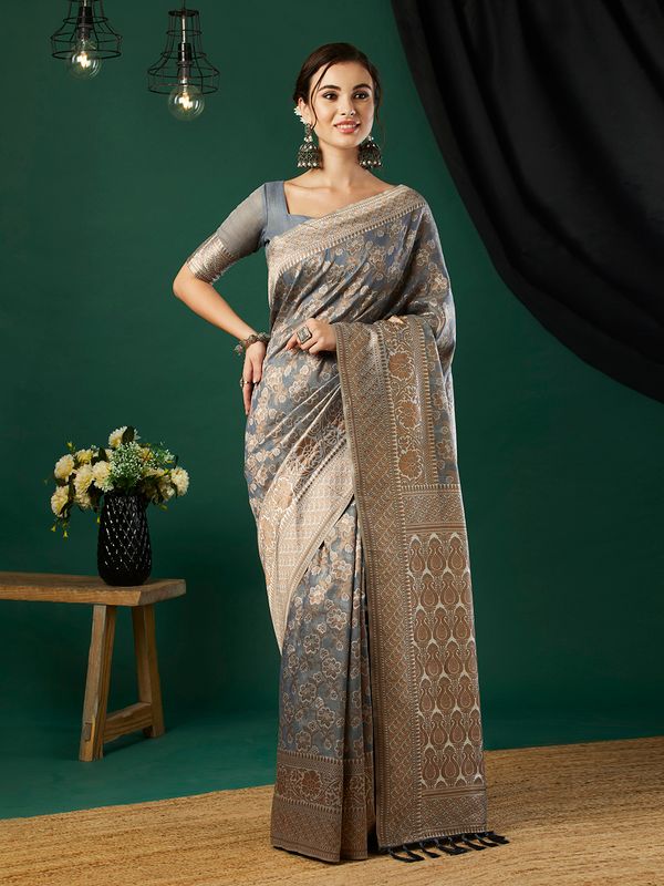 Grey Wevon Jacquard Designer Linen Saree