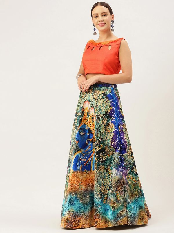 Digital Print Satin Silk Fabric Stitched Lehenga Choli With Jequared Blouse and Assami Silk Thread Work Dupatta For Women and Girls In Festive Party And Traditional Wear