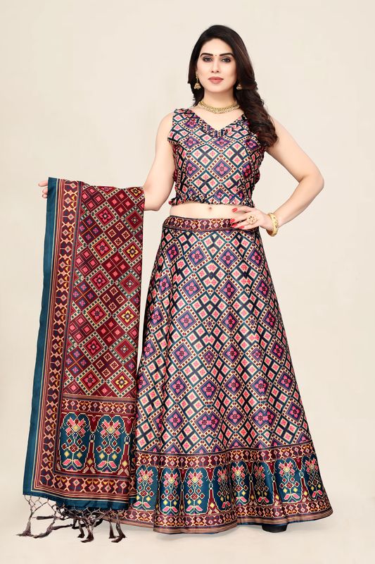 Digital Print Satin Silk Fabric Stitched Lehenga Choli With Jequared Blouse and Assami Silk Thread Work Dupatta For Women and Girls In Festive Party And Traditional Wear