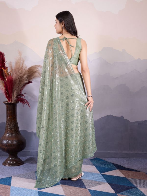 Green Twill Net Designer Sequins Embroidery Work Glamorous Partywear Saree