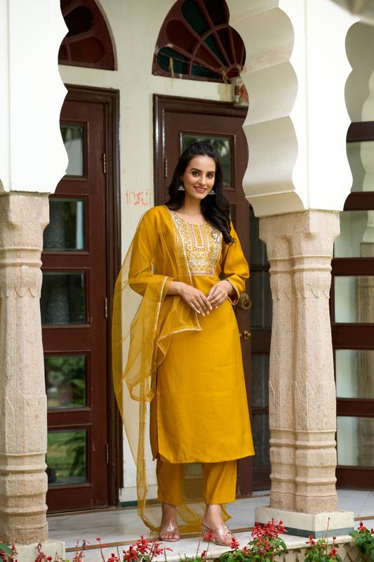 Yellow Chanderi Straight Kurta