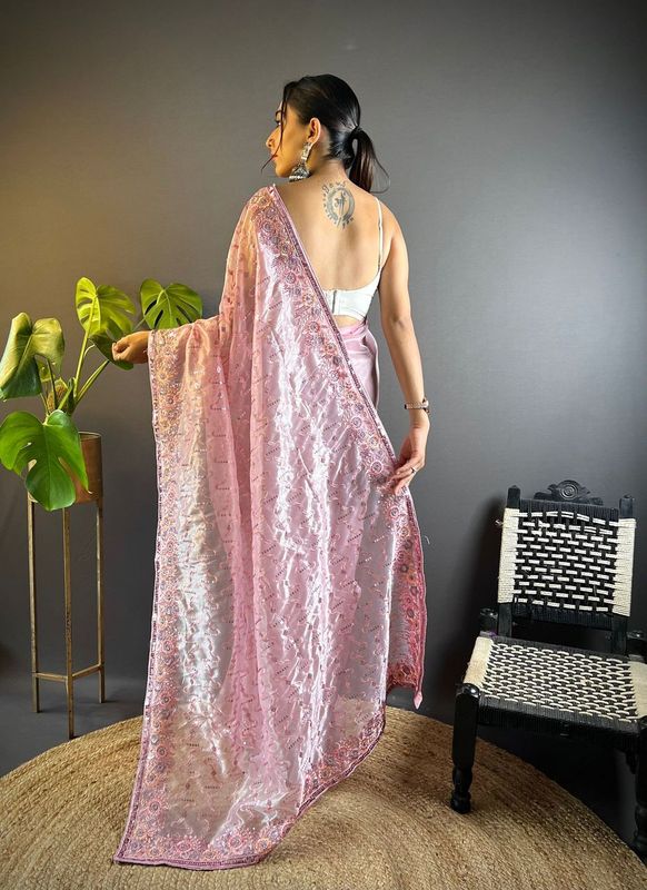 Pink Thread & Sequance Embroidery Work Twill Net Saree