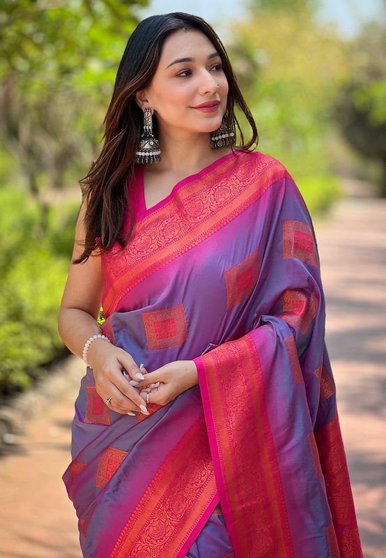 Purple Color Wevon Meenakari Designer Soft Silk Saree For Traditional Rich Looks