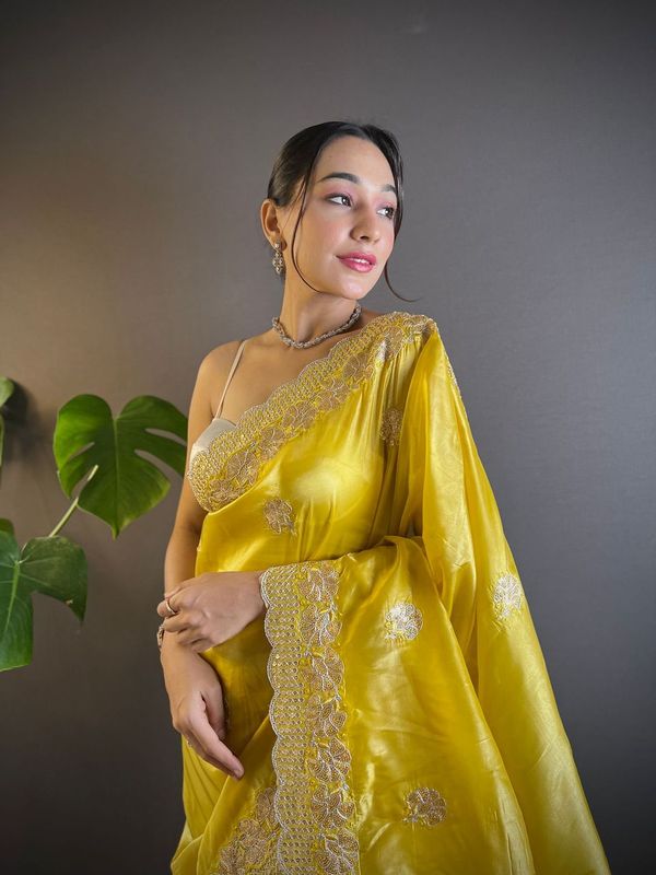 Yellow Sequance & Thread Embroidery & Cut Work Gold Crunchy Saree