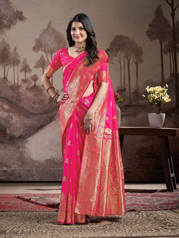 Pink Wevon Rich Pallu Designer Lichi Silk Saree