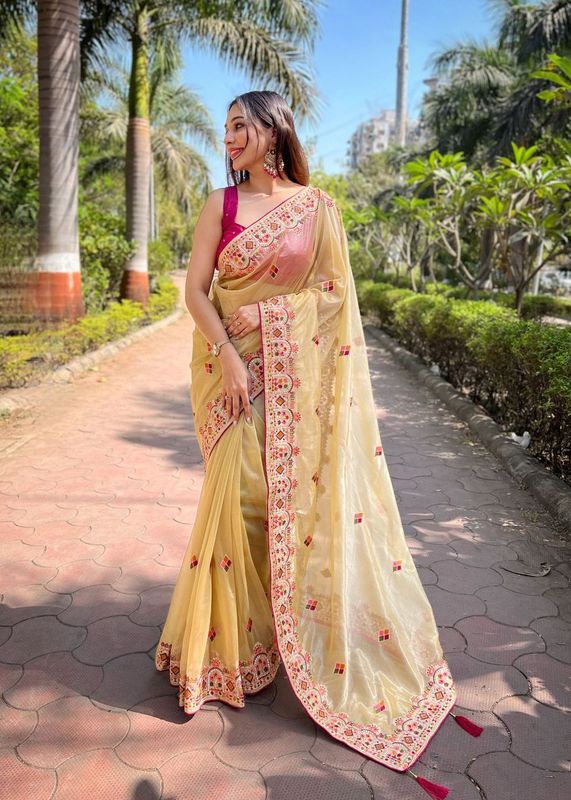 Yellow Multy Thread & Jari Embroidery Work Silver Tissue Silk Saree