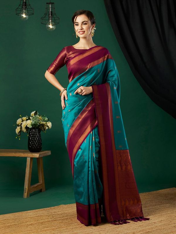 Aqua Blue Wevon Jari Designer Banarasi Silk Saree