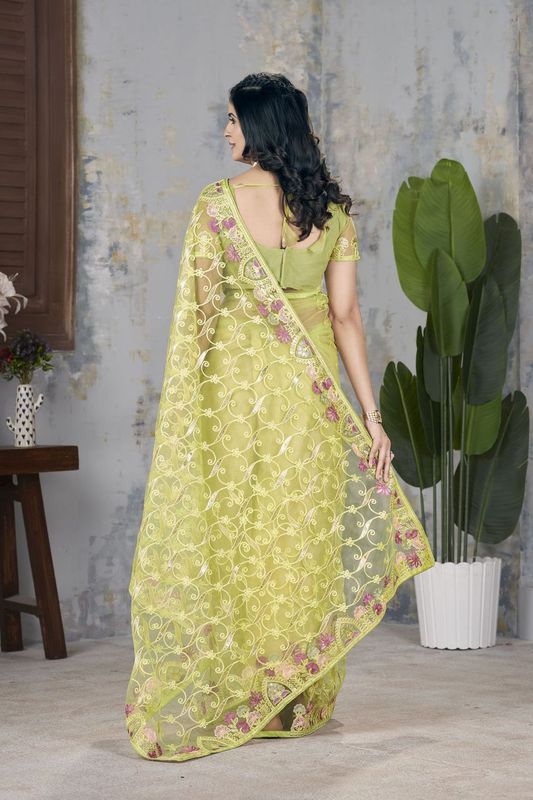 Green Foil Thread & Aari Dori Embroidery Work Butterfly Net Saree