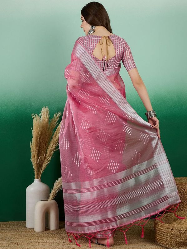 Pink Wevon Jacquard Designer Khadi Organza Saree
