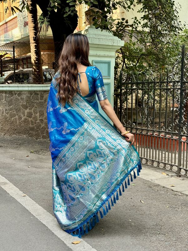 Sky Blue Wevon Jacquard Jari Designer Banarasi Silk Saree